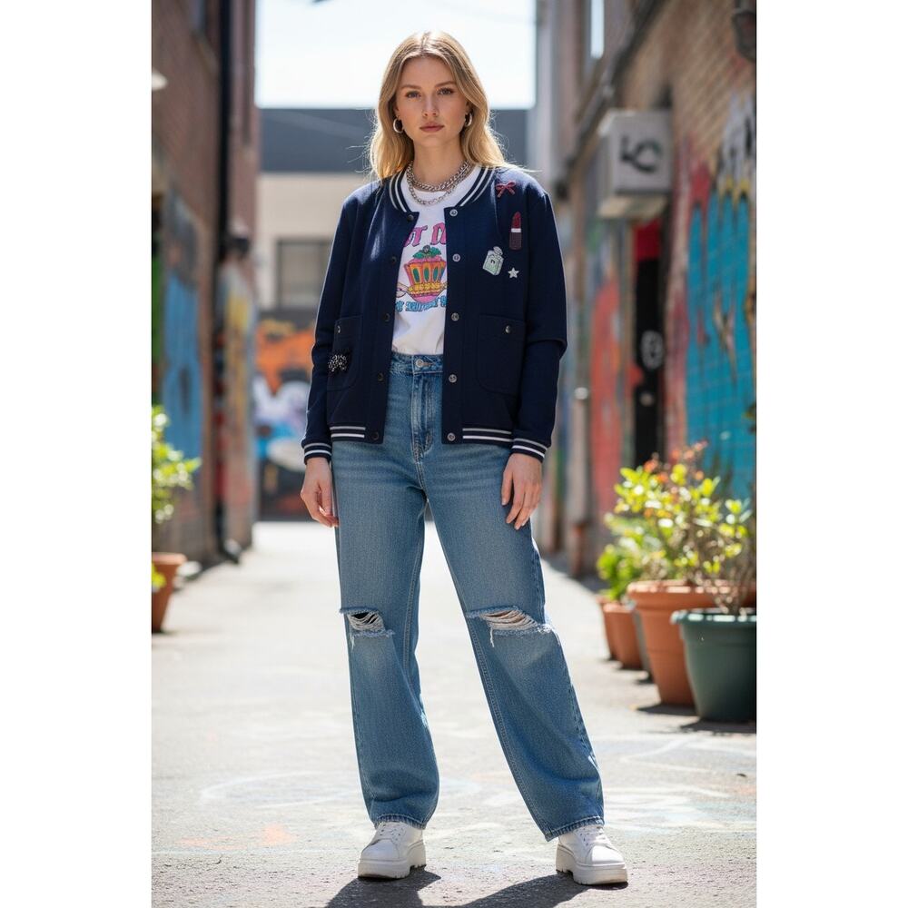 Rabe Moden Sequin Bow Bomber Jacket M L Navy Blue Red Streetwear Funky Germany
